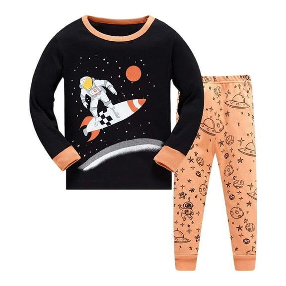 Wxolcjlv Toddler Boys Pajama Sets Cartoon Spacecraft Print Casual Long Sleeve Pants Outfit Unisex Kids Comfortable Daily Wear Loungewear Soft Fabric Sets,2Pc,18 -24 Months