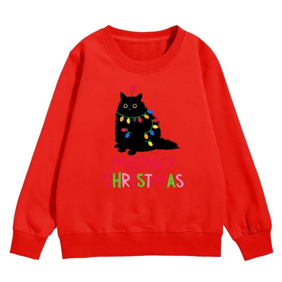 Wxolcjlv Toddler Girls Christmas Cat Print Crewneck Sweatshirt Winter Long Sleeve Casual Pullover Top, Sizes 3-10