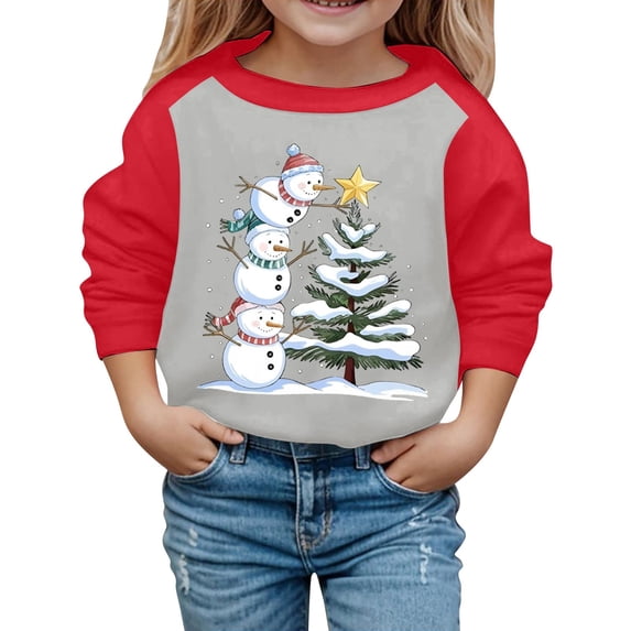 Wxolcjlv Toddler Girls Christmas Print Crewneck Sweatshirt Festive Long Sleeve Casual Pullover Top, Sizes 3-14