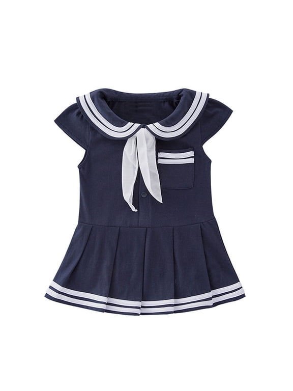 Toddler Girls Dress Nautical Sailor Collar Bow Accent Short Sleeve Casual School Daily Summer Sundress Dresses