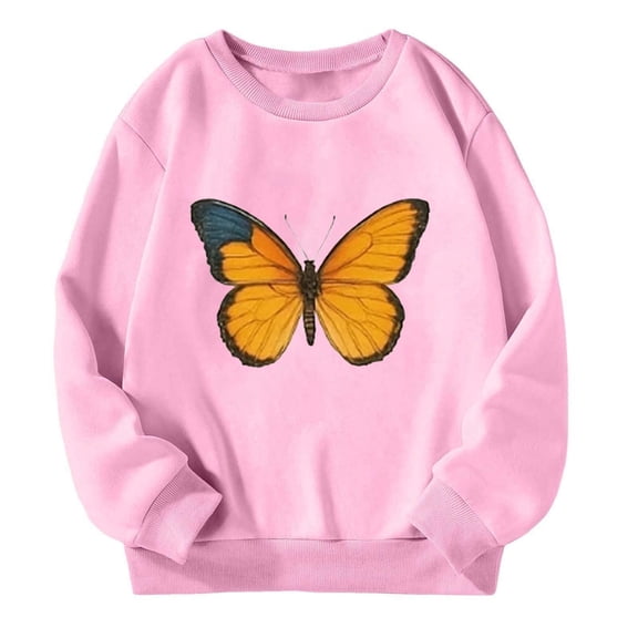Wxolcjlv Toddler Girls Hoodless Sweatshirt Fasion Butterfly Printed Long Sleeve Loose Fit Pullover Casual Top Kids Everyday Wear Comfortable Soft Outerwear Spring Autumn Tops