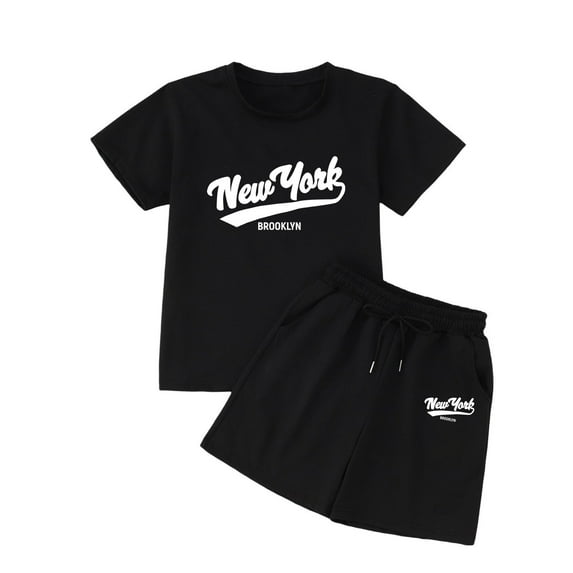 Wxolcjlv Toddler Girls Outfit Sets Summer Letter Printing Round Neck T-Shirt And Shorts Set Kids Girls Comfort Playwear School Outdoor Activities Outfit Sets,2 Piece,3 -4 Years