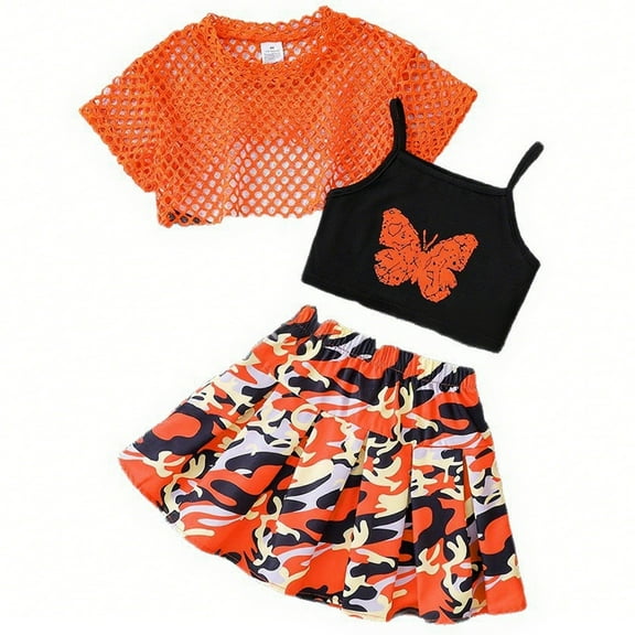 Wxolcjlv Toddler Girls Outfits Butterfly Print Sling Top Flower Patterned Short Skirt Smock 3Pc Set Summer Beach Vaction Sweet Sets,8 -9 Years