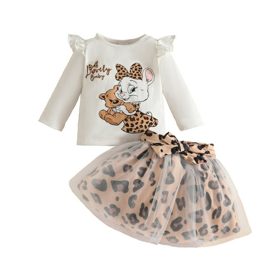 Wxolcjlv Toddler Girls Outfits Long Sleeve Cartoon Cat Prints Tops Leopard Mesh Skirts Set Fashion Outdoor Leisure Sets,2Pc,12 -18 Months