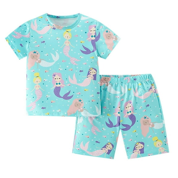 Wxolcjlv Toddler Girls Outfits Sets Cartoon Mermaid Print Short Sleeved T-Shirt And Shorts Set Kids Girls Summer Beach Holiday Seaside Vacation Trendy Outfits Sets,2 Piece,4 Years
