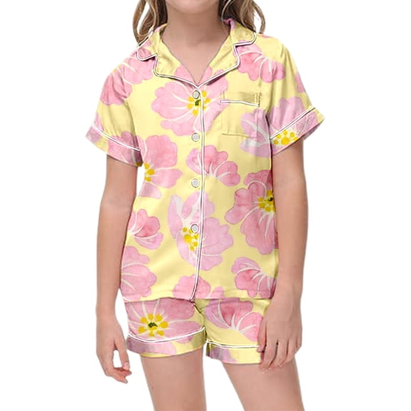 Wxolcjlv Toddler Girls Pajama Sets Lovely Flower Print Silk Lapel Button Down Short Sleeve Tops And Shorts Set Kids Girls Summer Loose Comfortable Sleepwear Pajama Sets,2 Piece,8 -9 Years