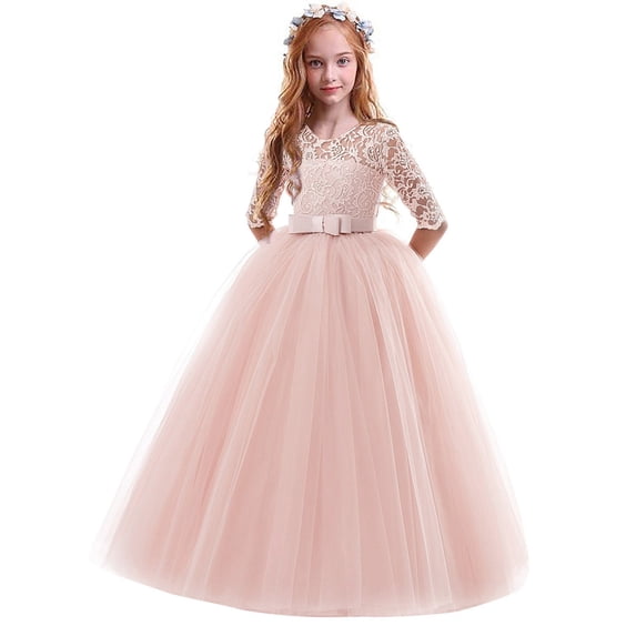 Wxolcjlv Toddler Girls Princess Dress 3/4 Sleeve Lace Bow Wedding Party Maxi Puffy Dress