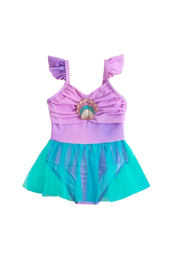Toddler Girls Princess Swimsuit Scale Design Party One-Piece Bathing Suit with Mesh Skirt