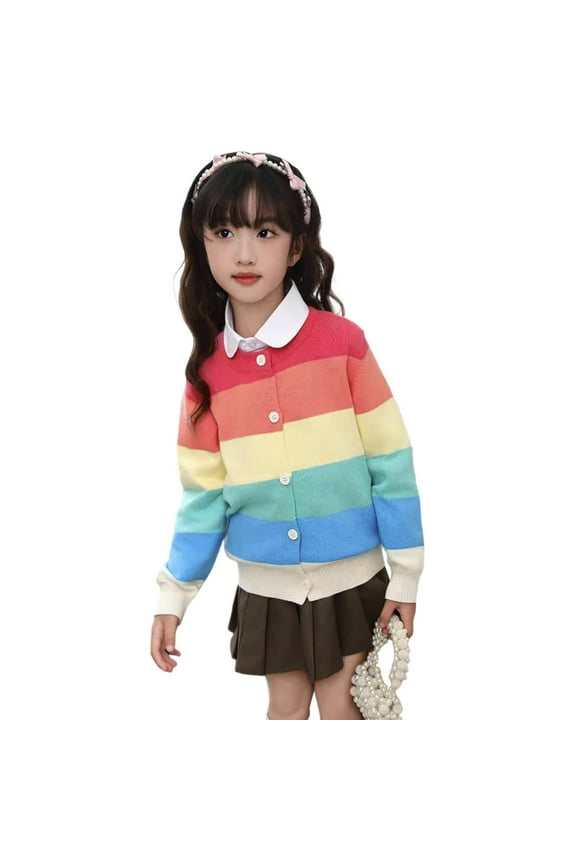 Toddler Kids Girls Sweaters Rainbow Striped Long Sleeve Button Knit Cardigan Sweater Medium Girl Winter Warm Soft Comfortable Open Front Coat Knitwear Tops,4 -5Y