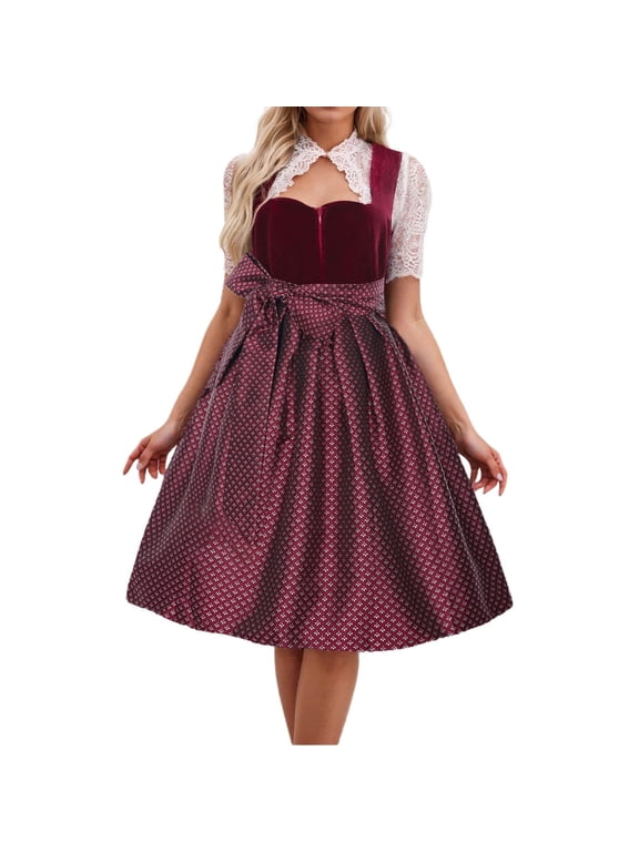 Traditional Oktoberfest Dirndl Dress for Women Lace Short Sleeve Keyhole Bow Tie Dresses