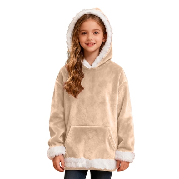 Wxolcjlv Tween Girls Christmas Graphic Pullover Hoodie Santa Fuzzy Trim Velvet Long Sleeve Fall Winter Festive Sweatshirt with pockets, Sizes 2-13