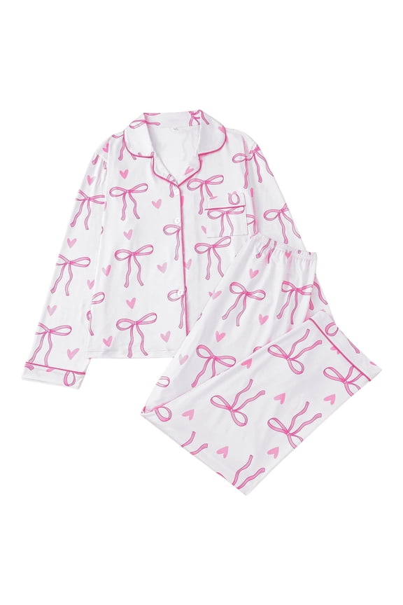 Valentine'S Day Womens Pajama Sets Bow Print Long Sleeve Notched Collar Top And Long Pants Soft Comfortable Nightwear 2 Piece Pjs For Ladies Homewear
