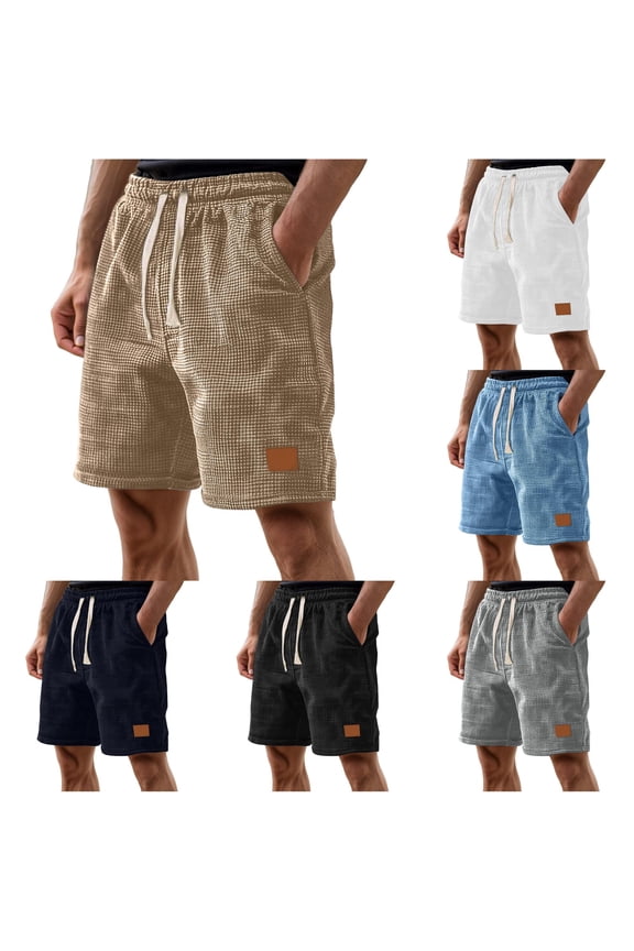 Waffle Bermuda Shorts For Men Leather Patch Drawstring Casual Walking Trunks