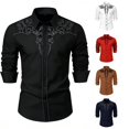 thumbnail image 1 of Wxolcjlv Western Bull Skull Embroidery Button Down Shirt for Men Turn Down Collar Long Sleeve Gothic Cowboy Slim Blouse, 1 of 6