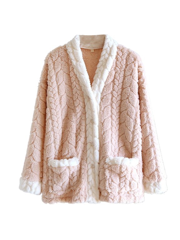 Women Cable Bed Jacket Winter Warm Fuzzy Pajama Tops V Neck Long Sleeve Loungewear Soft Cozy Sleepwear with Pocket