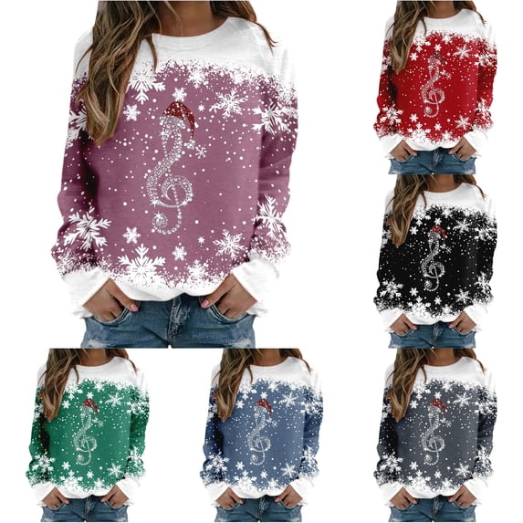 Wxolcjlv Women Christmas Music Note Print Sweatshirt Snowflake Print Cut Winter Sweaters