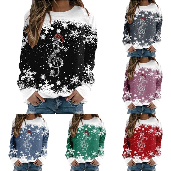 Wxolcjlv Women Christmas Music Note Print Sweatshirt Snowflake Print Cut Winter Sweaters