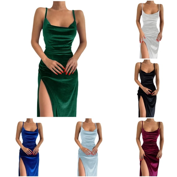 Wxolcjlv Women Solid Color Spaghetti Strap Slit Dress Velvet Bodycon Sweetheart Neck Evening Party Maxi Dress