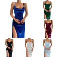 thumbnail image 1 of Wxolcjlv Women Solid Color Spaghetti Strap Slit Dress Velvet Bodycon Sweetheart Neck Evening Party Maxi Dress, 1 of 6