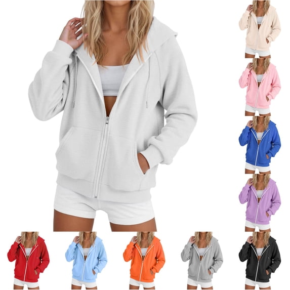 Wxolcjlv Women Solid Zip‑Up Hoodie Raglan Cut Hooded Sweatshirts