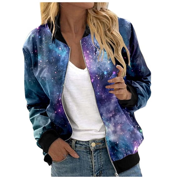 Wxolcjlv Women's Bomber Jackets Light Gradient Galaxy All Over Pattern Full Zip Outerwear With Pockets Regular Fit Minimalist Clothes