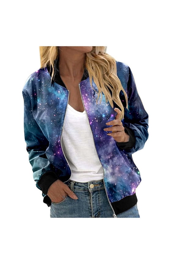 Women's Bomber Jackets Light Gradient Galaxy All Over Pattern Full Zip Outerwear With Pockets Regular Fit Minimalist Clothes