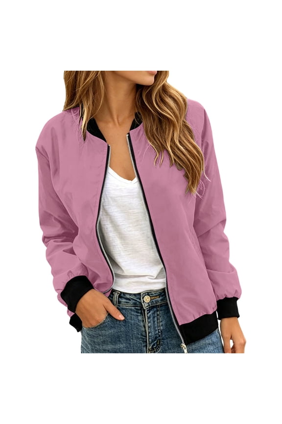 Women's Boxy Bomber Jackets Full Zip Color Blocking Outerwear Lightweight Regular Fit Tops