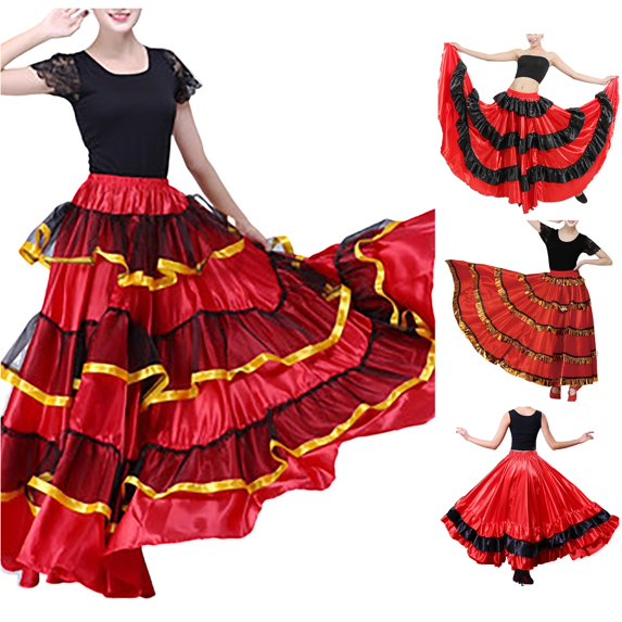 Wxolcjlv Women's Color Block Ruffle Dance Maxi Skirt Elastic Waist Performance Long Skirts