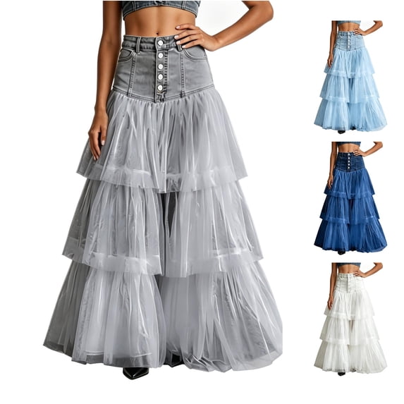 Wxolcjlv Women's Denim Patchwork Tulle Maxi Skirt Button Front Tiered Layered Skirts