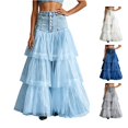 thumbnail image 1 of Wxolcjlv Women's Denim Patchwork Tulle Maxi Skirt Button Front Tiered Layered Skirts, 1 of 4