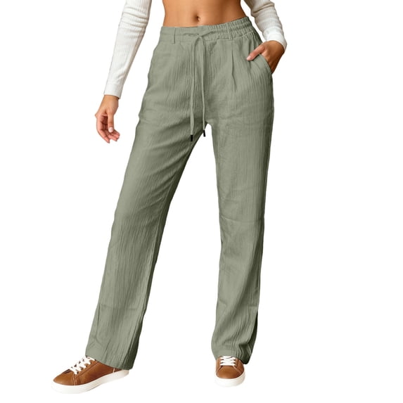 Wxolcjlv Women's Drawstring Textured Straight Pants Side Pocket Vacation Daily Trousers