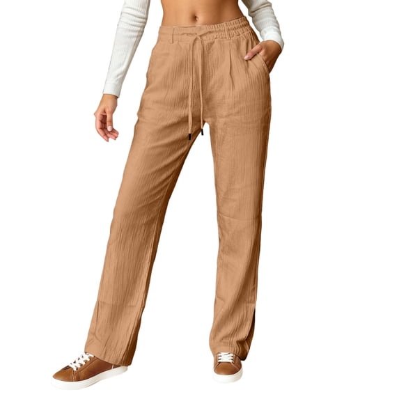 Wxolcjlv Women's Drawstring Textured Straight Pants Side Pocket Vacation Daily Trousers
