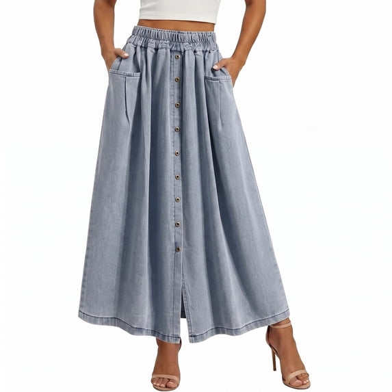 Wxolcjlv Women's Elastic Waist Button‑Front Denim‑Look Maxi Skirt Split A‑Line Skirt With Pockets