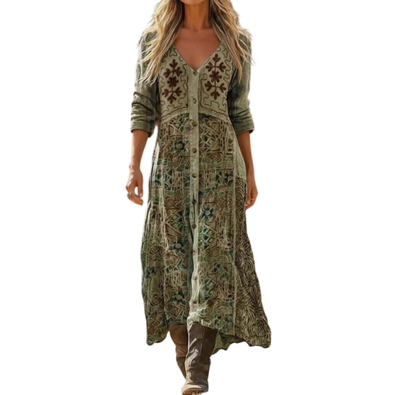 Wxolcjlv Women's Embroidery Maxi Dress Button Front V Neck Flowy Outdoor Travel Sundress