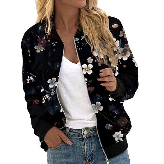Wxolcjlv Women's Floral Print Bomber Jacket Full Zip Long Sleeve Casual Coat