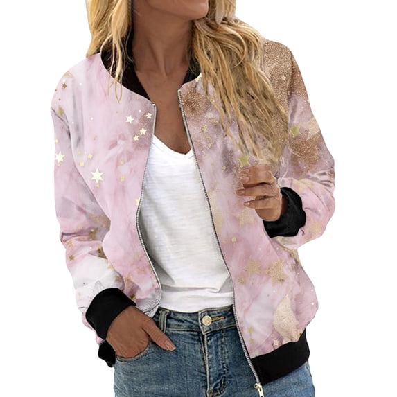 Wxolcjlv Women's Floral Print Bomber Jacket Full Zip Long Sleeve Casual Coat