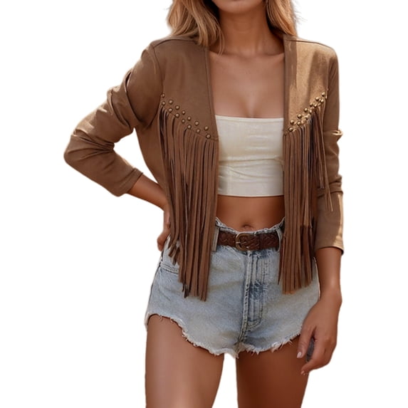 Wxolcjlv Women's Fringe Jacket Stud Detail Long Sleeve Open Front Suede Bohemian Coat