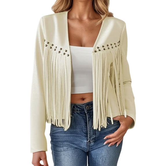 Wxolcjlv Women's Fringe Jacket Stud Detail Long Sleeve Open Front Suede Bohemian Coat