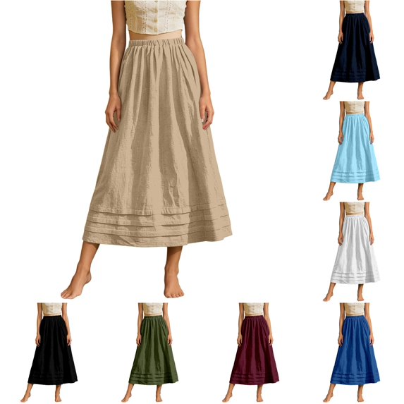 Wxolcjlv Women's Gathered Midi Skirt Elastic Waist Pleated Hem Loose Fit Daily Skirts
