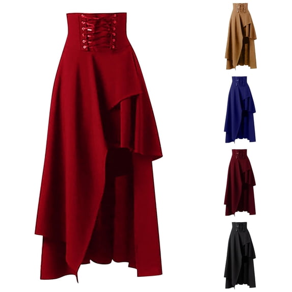 Wxolcjlv Women's Gothic Maxi Skirt High Waist Lace Up Irregular Asymmetrical Layered Long Skirt