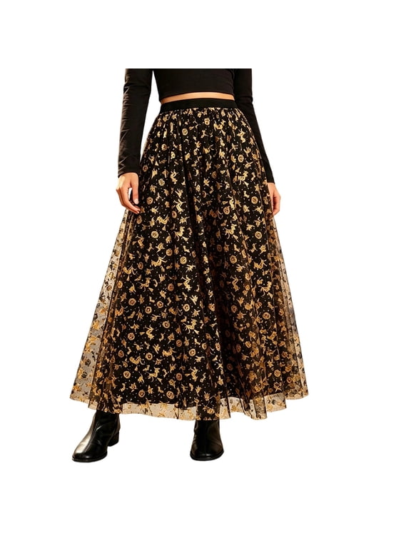 Women's Halloween Celestial Print Maxi Skirt Elastic Waist Gothic Feature Party Skirts
