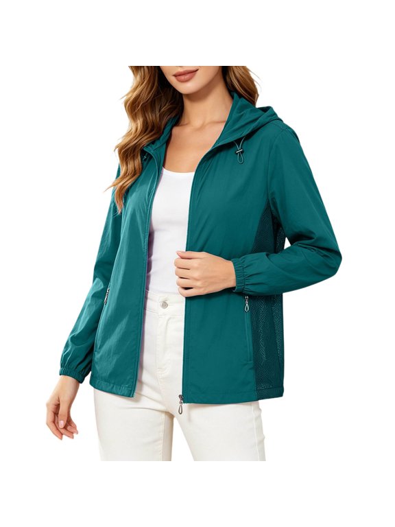 Women's Hooded Casual Jacket Mesh Panel Full Zip Lightweight Windbreaker Coat With Pockets