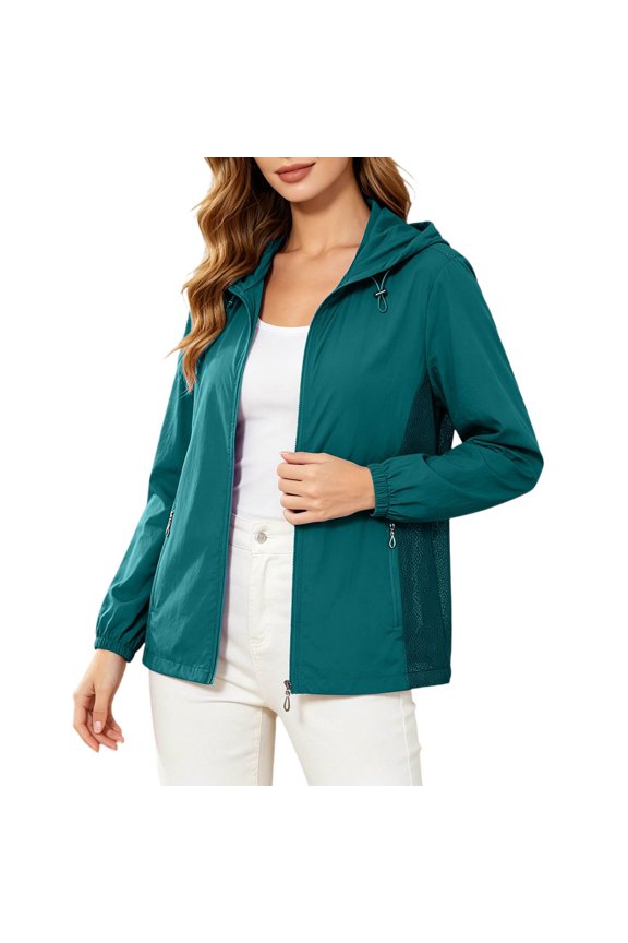 Women's Hooded Casual Jacket Mesh Panel Full Zip Lightweight Windbreaker Coat With Pockets