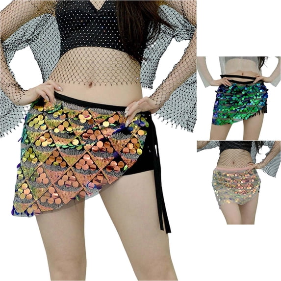 Wxolcjlv Women's Iridescent Sequin Wrap Mini Skirt Tie Waist Performance Club Short Skirts