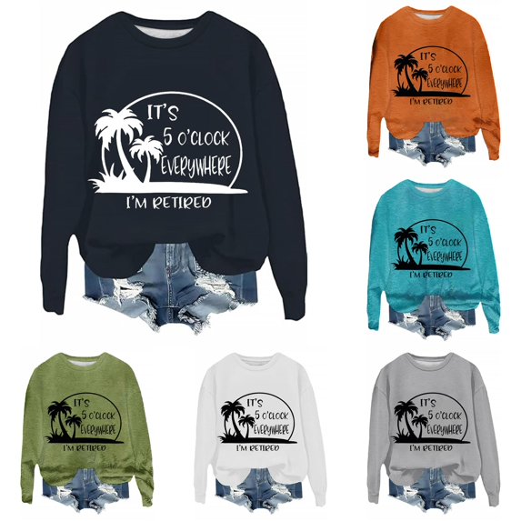 Wxolcjlv Women's Island Text Print Sweatshirt Crew Neck Cut Sweatshirts