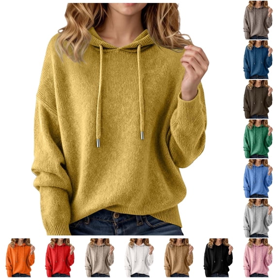 Wxolcjlv Women's Knitted Hooded Sweaters Long Sleeve Drawstring Hood Ribbed Hem Knit Garments