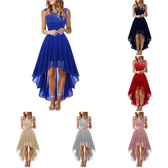 Wxolcjlv Women's Lace Chiffon Mini Dress Sleeveless High Low Hem Formal Wedding Guest Sundress