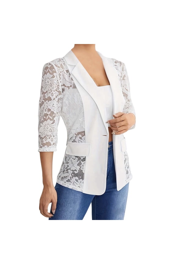 Women's Lace Spliced Blazer Lapel Three Quarter Sleeve Suit Jacket With Pockets