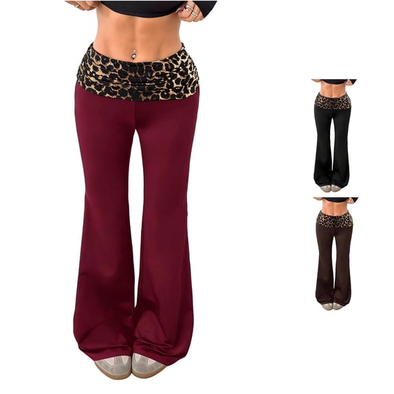 Wxolcjlv Women's Leopard Foldover Flare Pants Ruched Waist Stretch Fitness Bell Bottoms