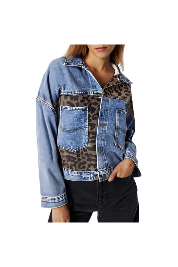 Women's Leopard Spliced Denim Jacket Lapel Collar Jean Jacket With Pockets